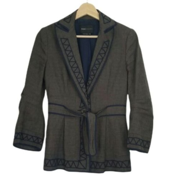 BCBG MaxAzria Sz XS Brown Navy Embroidered Linen Blend Tie Waist Blazer Jacket - Picture 1 of 12